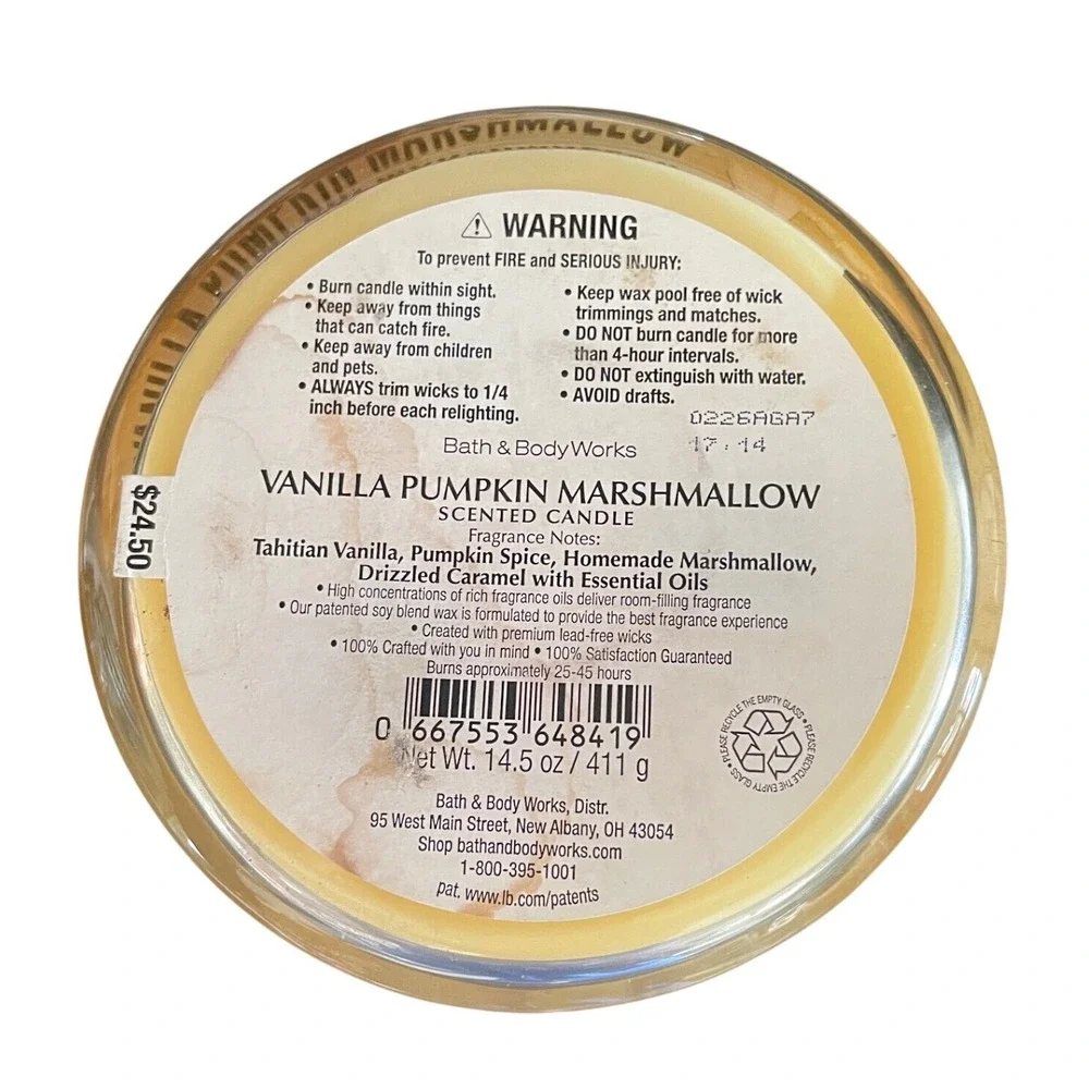 Bath Body Works Vanilla Pumpkin Marshmallow 3-Wick Candle Retired Fox packaging